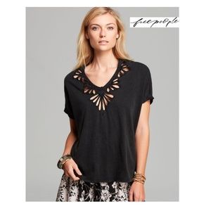 NEW Free People Cut Out Black Eyelet V-Neck Tee